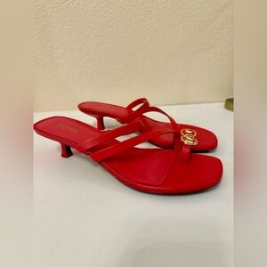 MICHAEL KORS Letty Mid Red Leather Kitten Heel Sandals Logo Thong Slip-On Chic